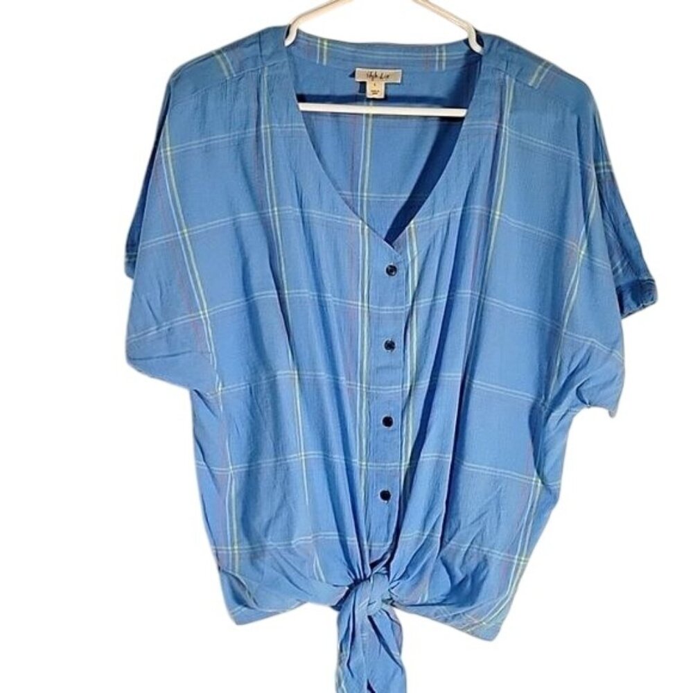 Style & Co Blue Plaid Button Front Tie Hem Short Sleeve Blouse L